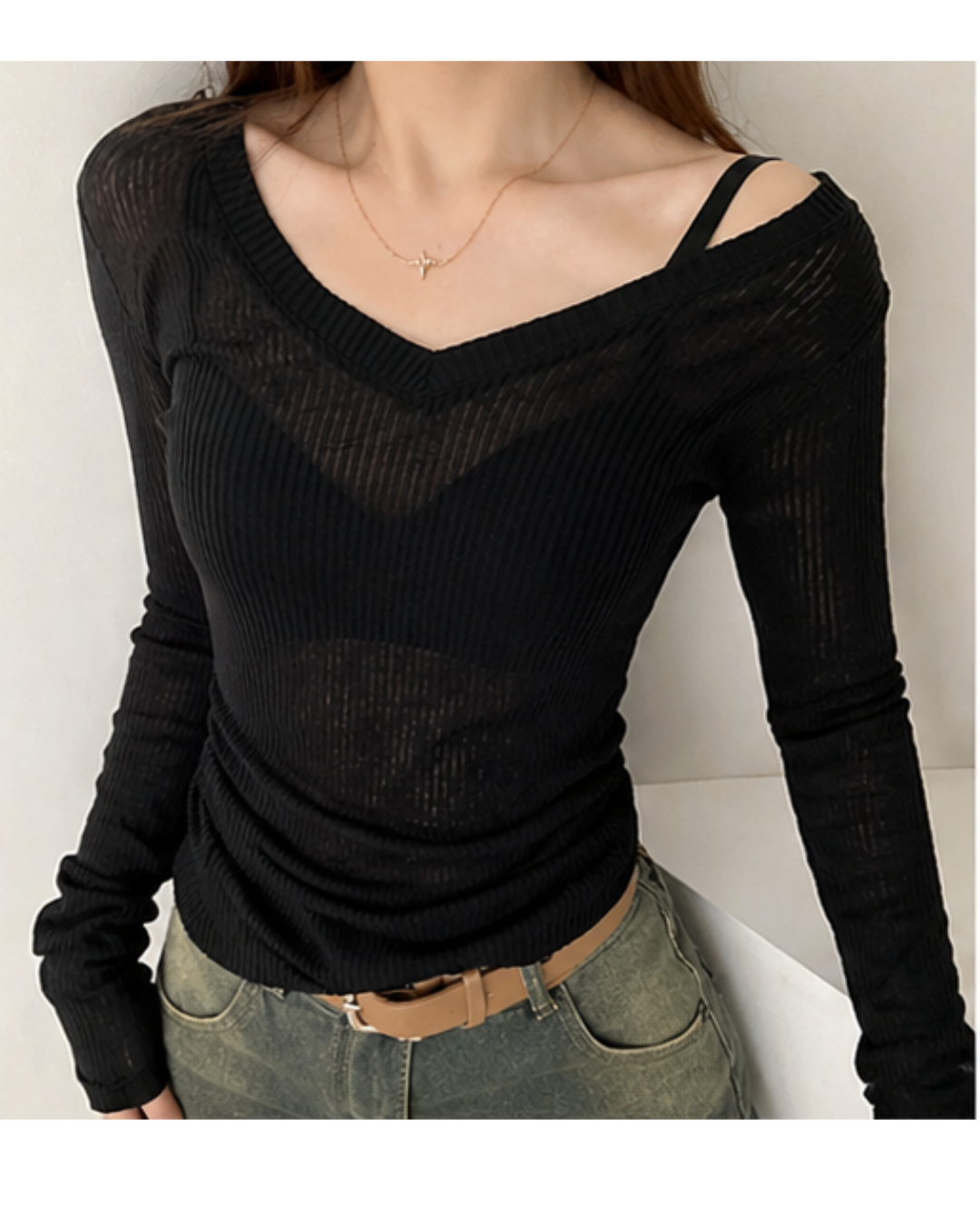 Slim Fit Long Sleeve V-Neck Tee – Women’s Stretch Y2K Style Top