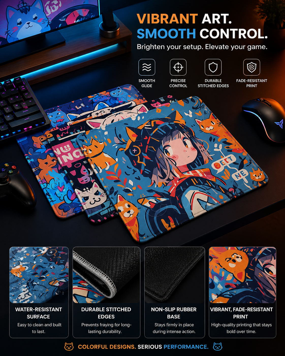 Graffiti Anime Cat Girl Mousepad – XL Gaming Desk Mat with Anti-Slip Base & Stitched Edges