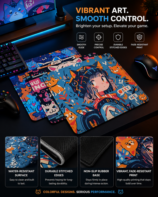 Graffiti Anime Cat Girl Mousepad – XL Gaming Desk Mat with Anti-Slip Base & Stitched Edges