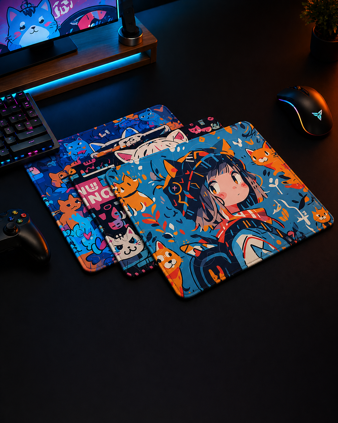 Graffiti Anime Cat Girl Mousepad – XL Gaming Desk Mat with Anti-Slip Base & Stitched Edges