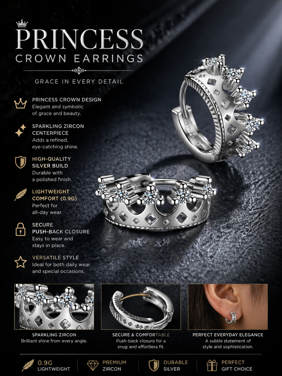 Sterling Silver Crown Stud Earrings – Zircon Princess Design with Elegant Minimal Finish