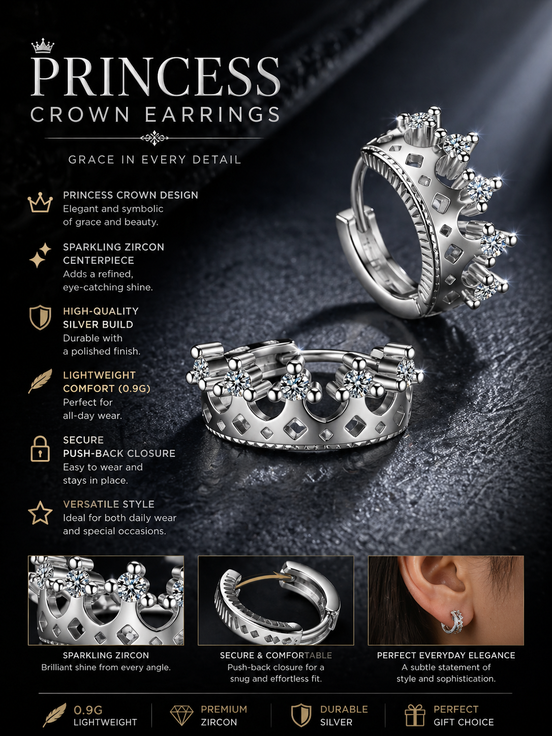Sterling Silver Crown Stud Earrings – Zircon Princess Design with Elegant Minimal Finish