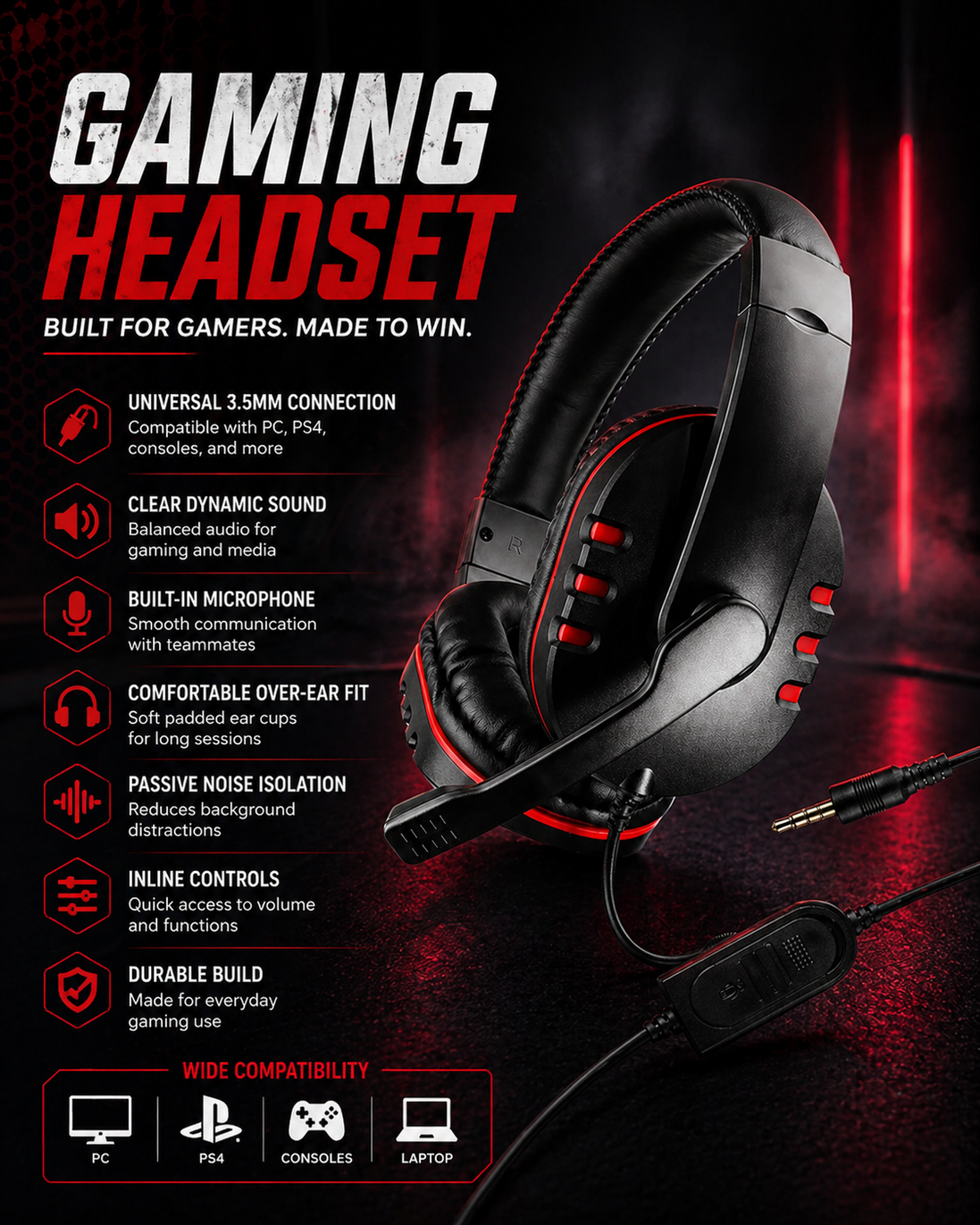 Wired Gaming Headset with Microphone – 3.5mm Over-Ear Headphones for PC, PS4 & Console