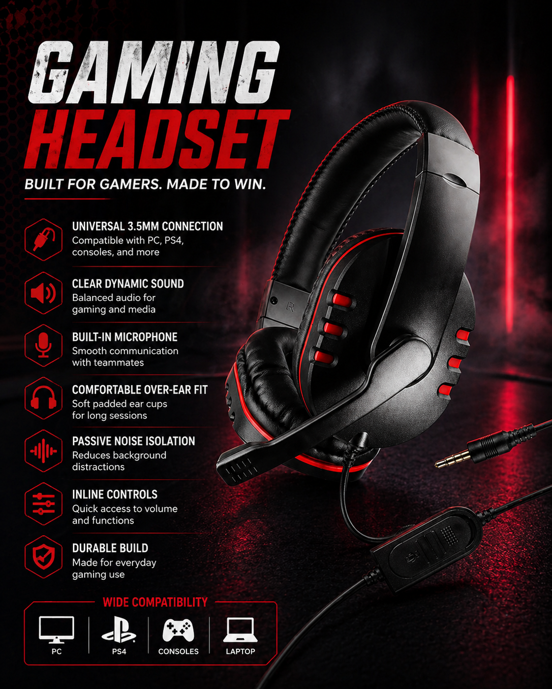 Wired Gaming Headset with Microphone – 3.5mm Over-Ear Headphones for PC, PS4 & Console