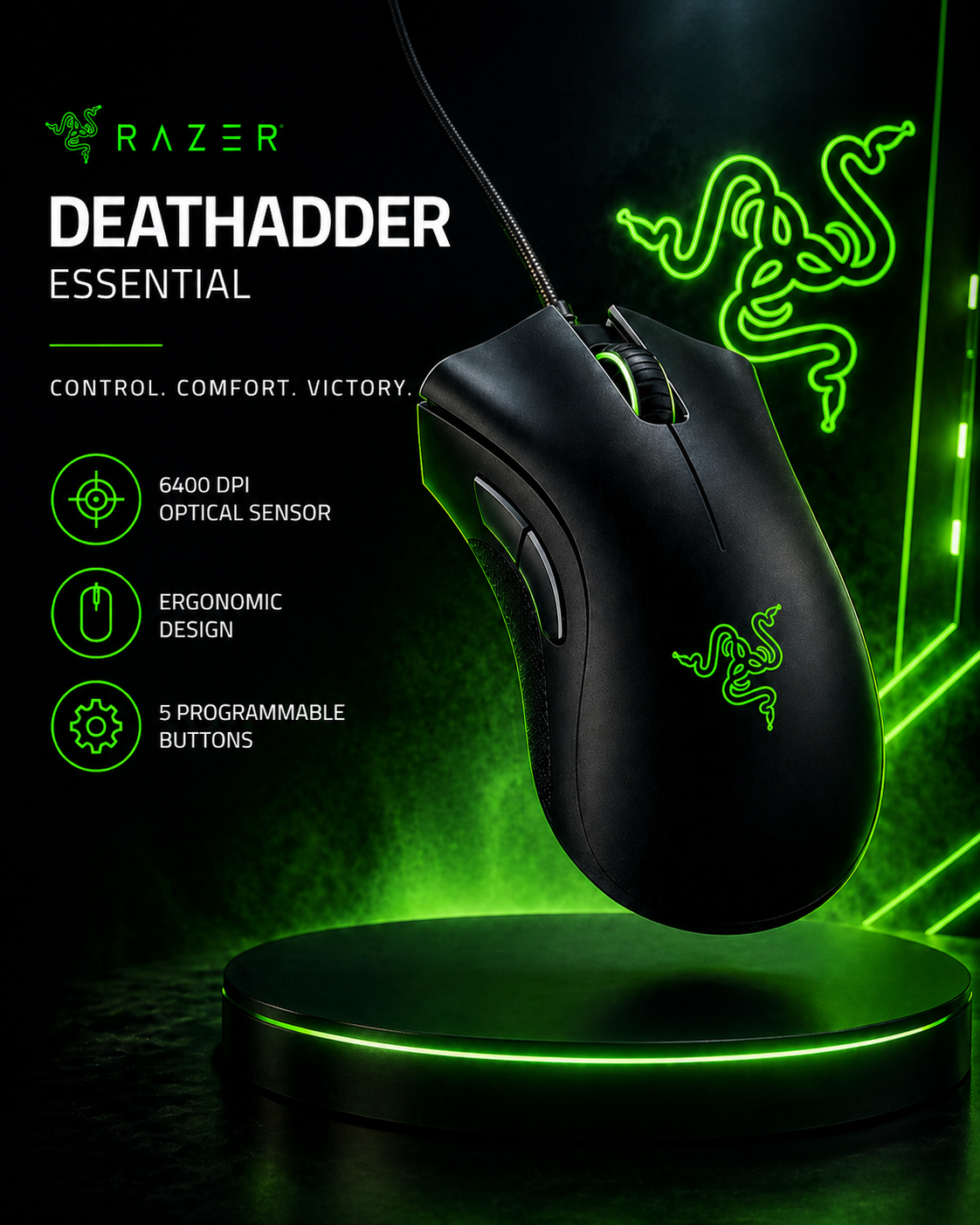 Razer DeathAdder Essential Wired Gaming Mouse – 6400 DPI Precision & Ergonomic Performance