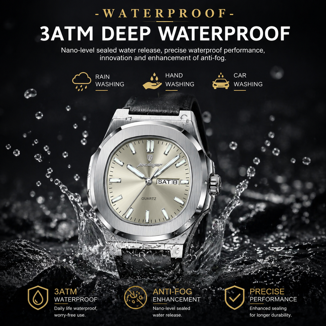 Men’s Square Watch – Luxury Quartz Leather Strap Watch with Luminous Hands & Calendar