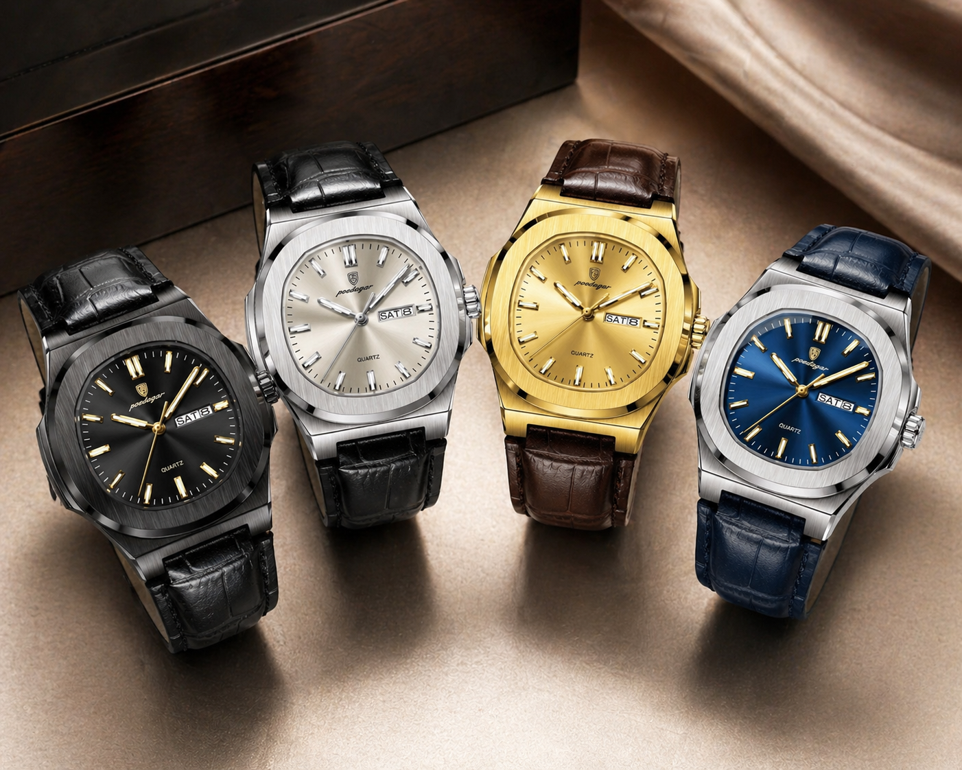 Men’s Square Watch – Luxury Quartz Leather Strap Watch with Luminous Hands & Calendar