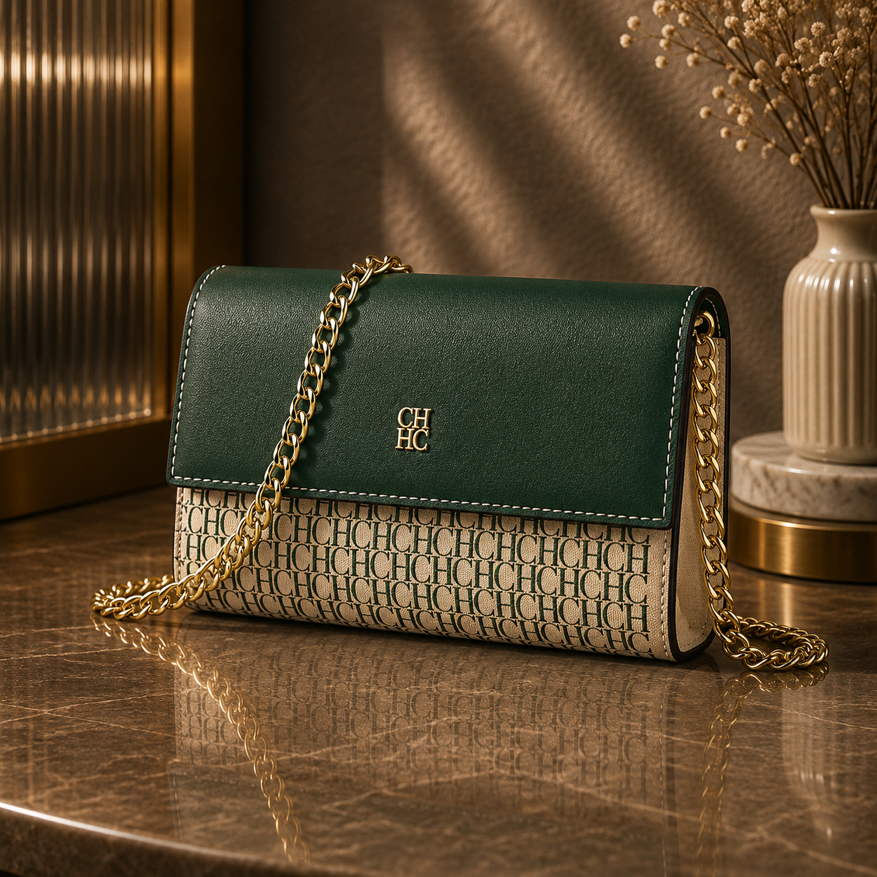 CH Women’s Chain Shoulder Bag – Letter Print Crossbody Clutch
