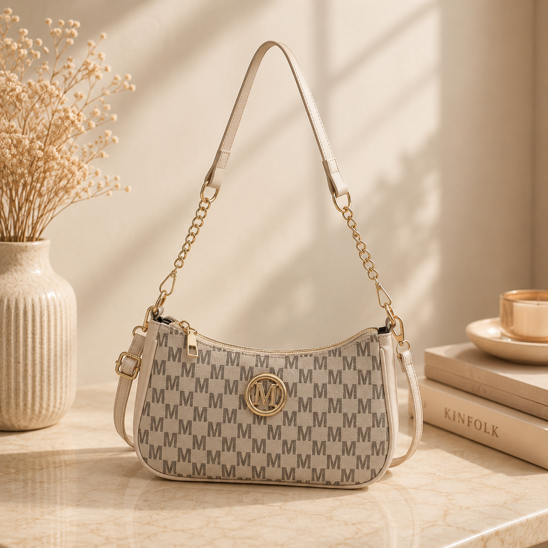 Women’s Vintage Shoulder Bag – PU Leather Crossbody Handbag with Gold “M” Detail