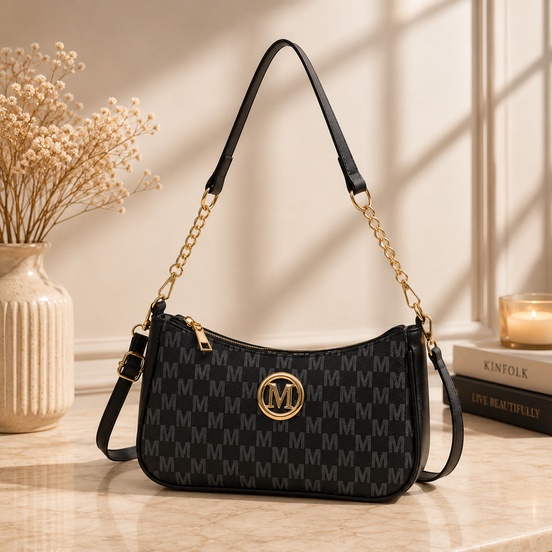 Women’s Vintage Shoulder Bag – PU Leather Crossbody Handbag with Gold “M” Detail