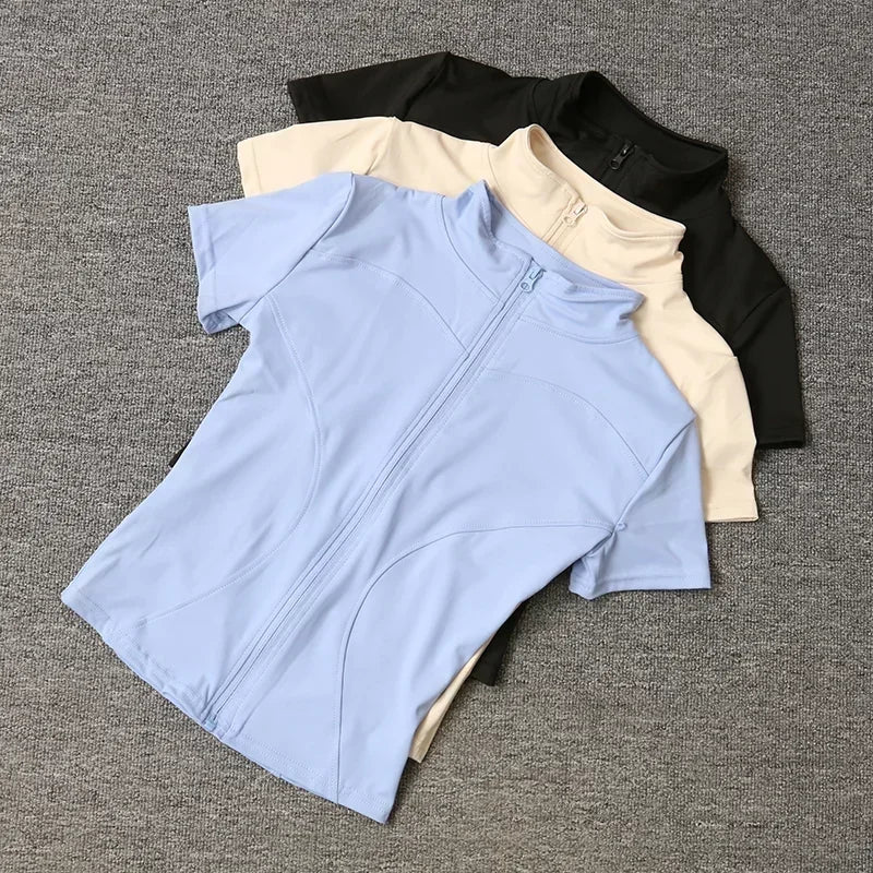 Women’s Zip-Up Workout Top – Slim Fit Quick-Dry Training Shirt with Short Sleeves