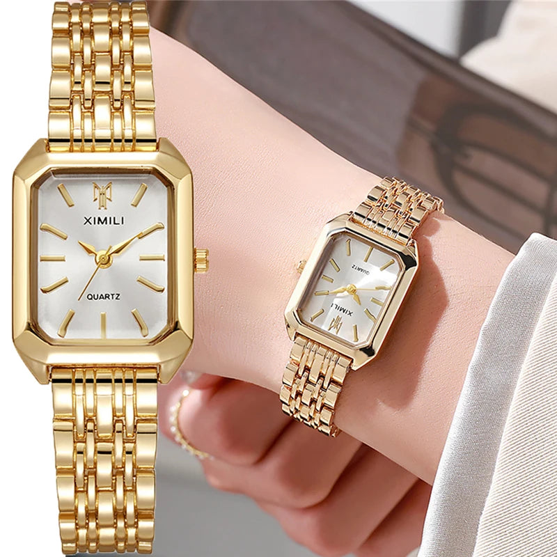 Women's Luxury Fashion Square Watch – Gold Alloy Strap, Quartz Movement, Roman Numeral Dial