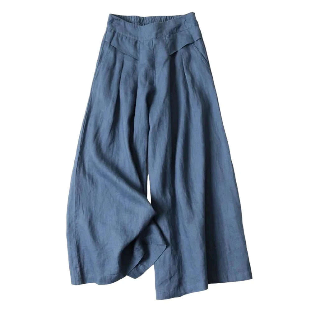 Women’s Cotton Linen Culottes – High Waist Wide-Leg Cropped Pants with Elastic Waist & Pockets