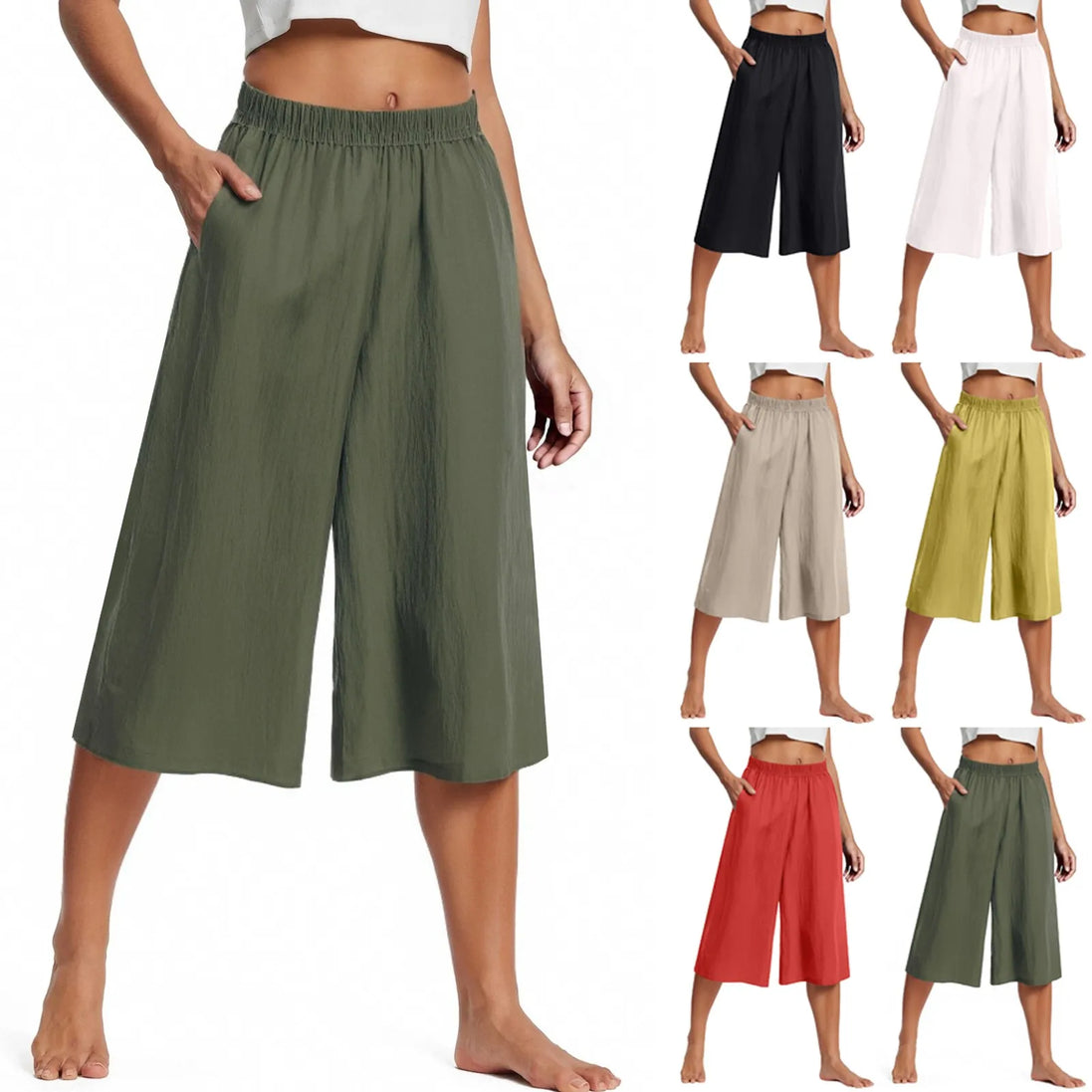 Women’s Wide Leg Cropped Pants – High Waist Lightweight Culottes with Pockets