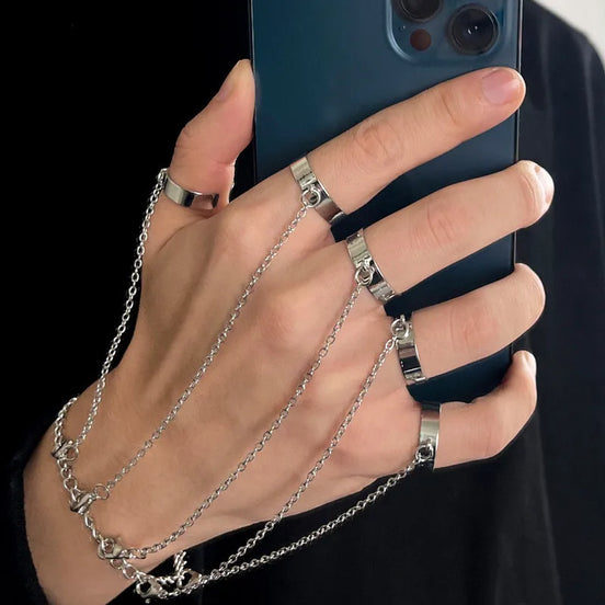 Punk Geometric Chain Ring Set – Adjustable Open Rings with Wrist Chain Link