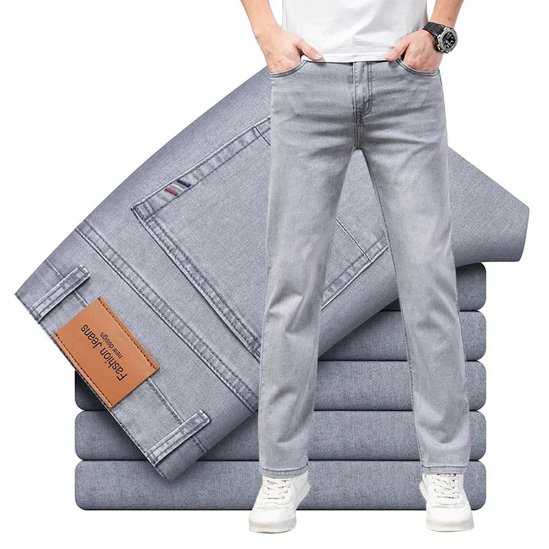 Men’s Lightweight Stretch Jeans – Slim Straight Cotton Denim Pants