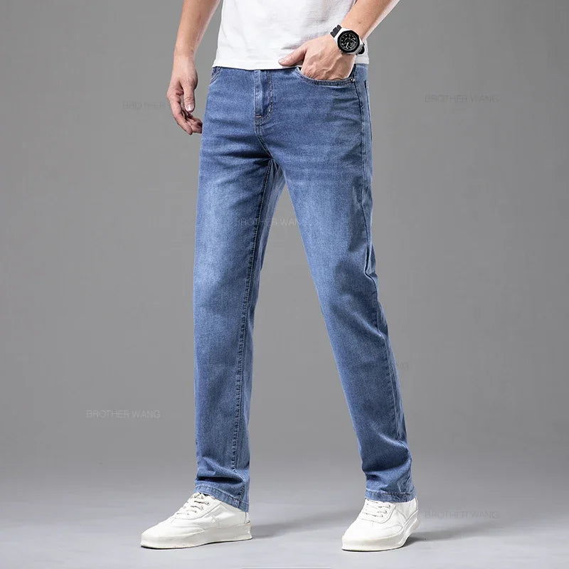 Men’s Lightweight Stretch Jeans – Slim Straight Cotton Denim Pants