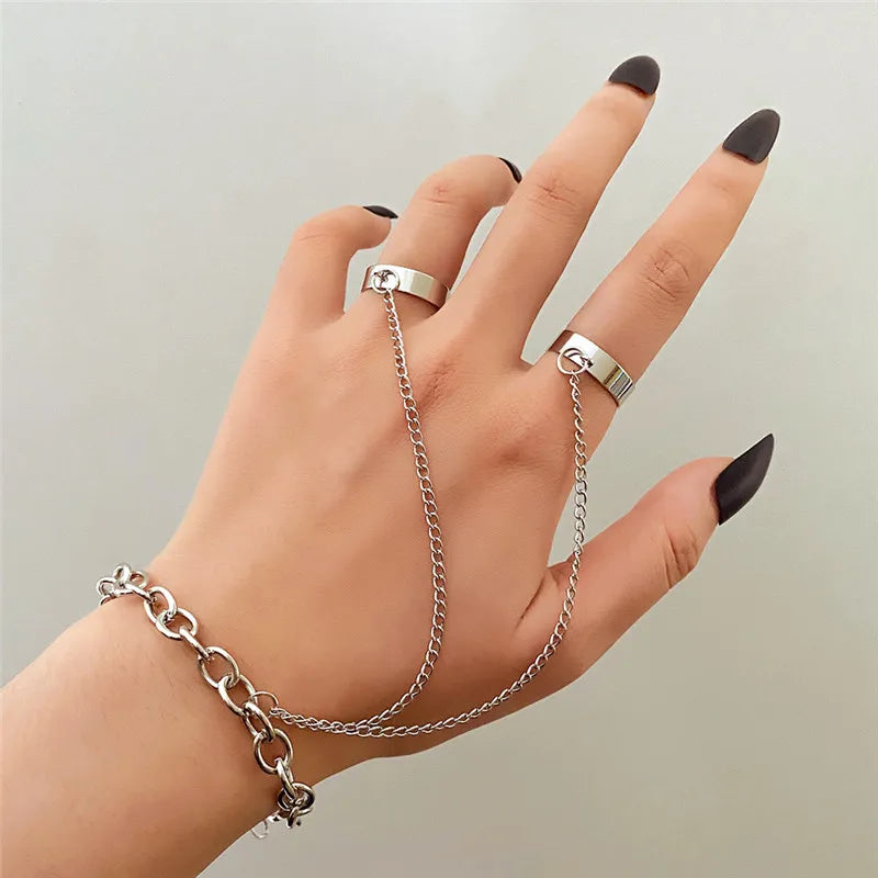 Punk Geometric Chain Ring Set – Adjustable Open Rings with Wrist Chain Link