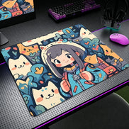 Graffiti Anime Cat Girl Mousepad – XL Gaming Desk Mat with Anti-Slip Base & Stitched Edges