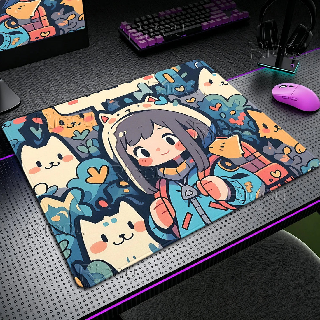 Graffiti Anime Cat Girl Mousepad – XL Gaming Desk Mat with Anti-Slip Base & Stitched Edges