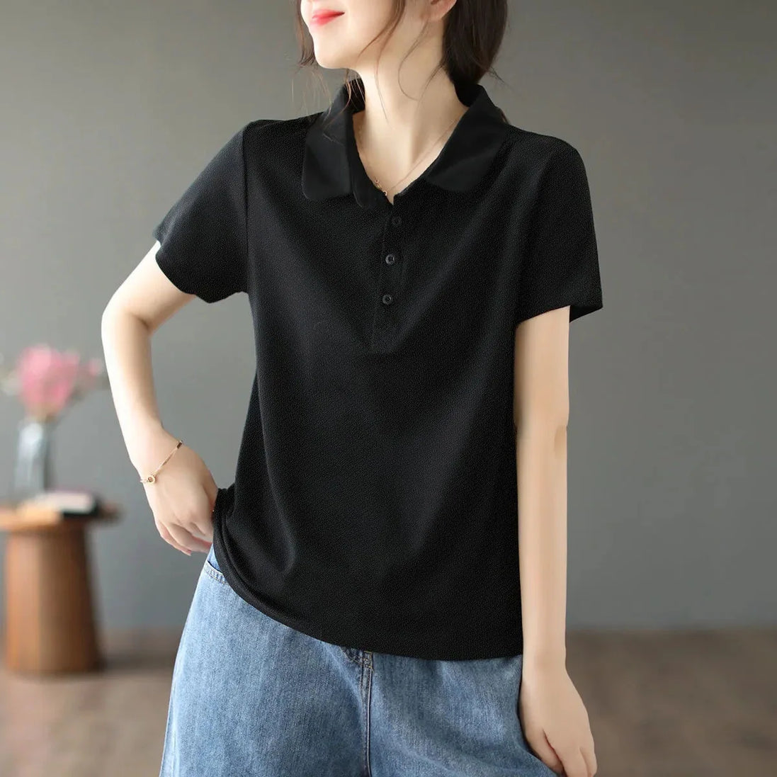 Women’s Polo Shirt – Casual Short Sleeve Button Collar Top