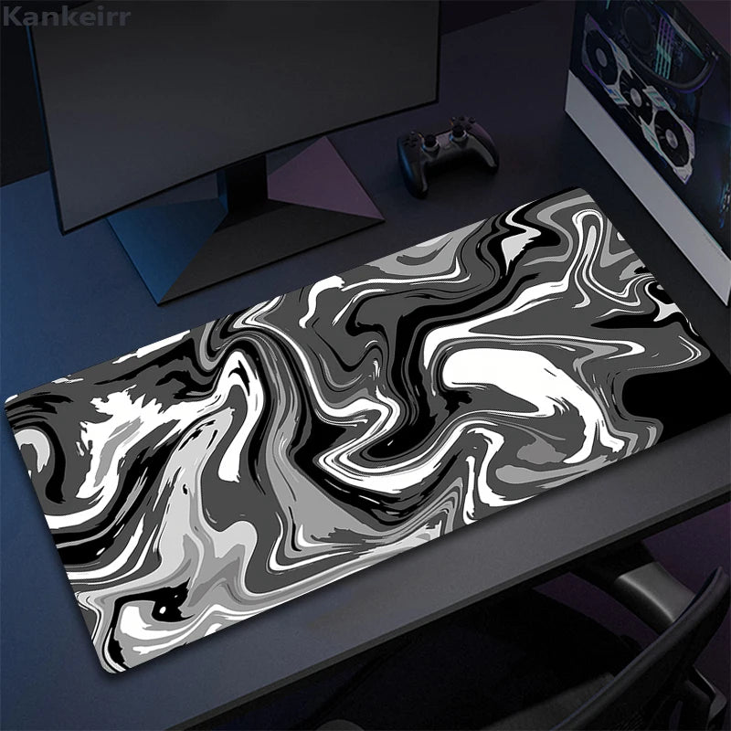 Black & White Strata XXL Mousepad – Large Liquid Wave Gaming Desk Mat for Keyboard & Mouse