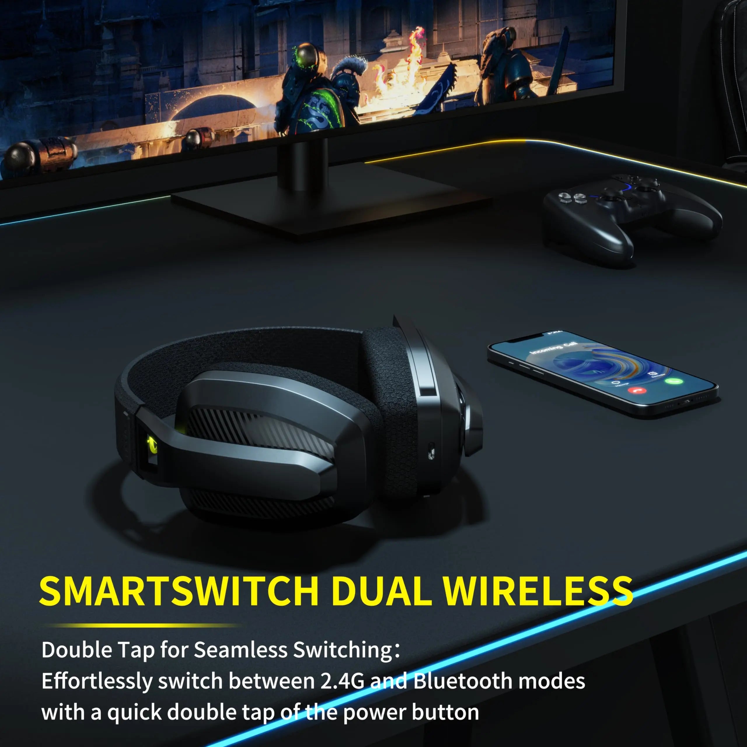 BINNUNE BW06 Wireless Gaming Headset – 2.4GHz + Bluetooth Dual Mode with Mic for PS5, PS4, PC & Mac