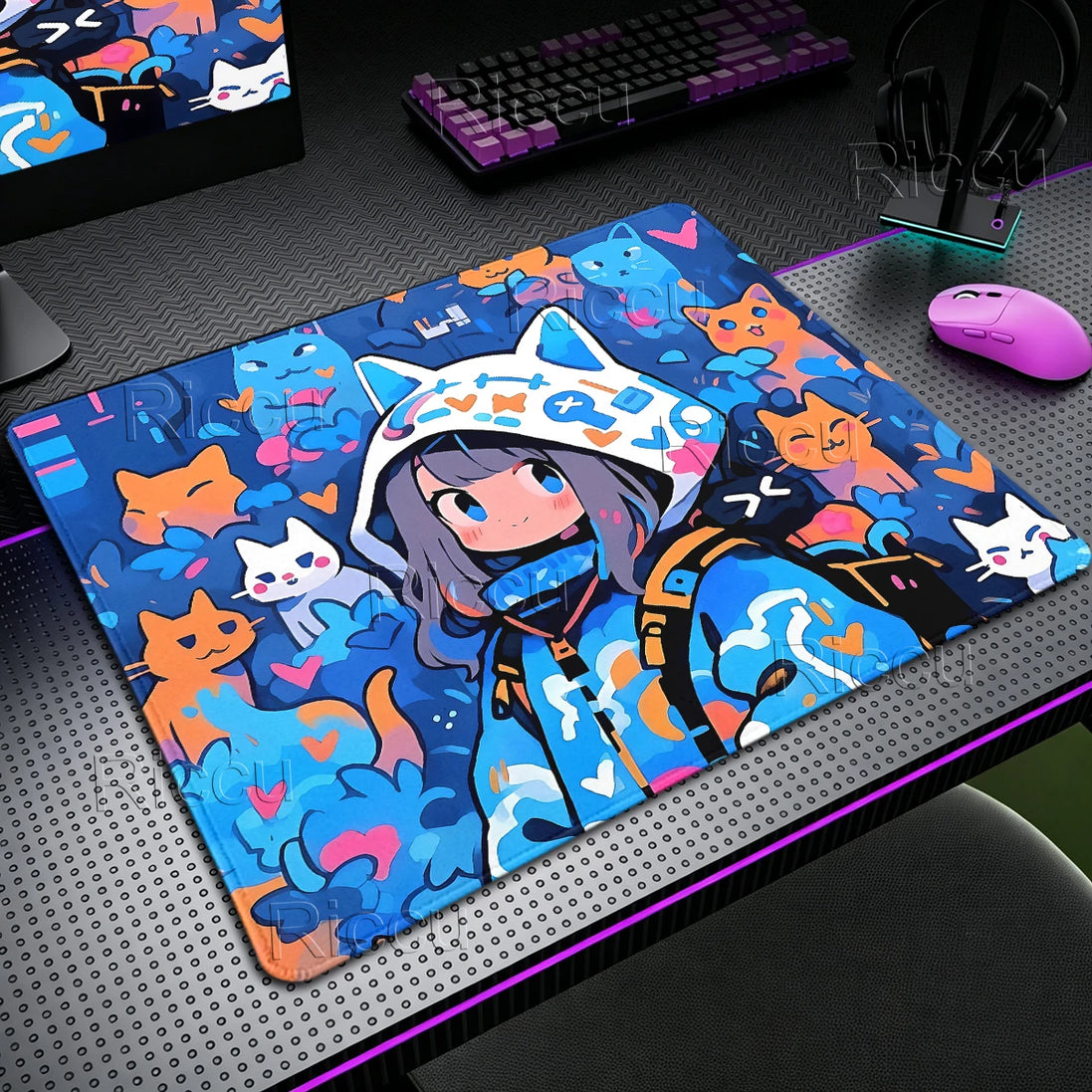 Graffiti Anime Cat Girl Mousepad – XL Gaming Desk Mat with Anti-Slip Base & Stitched Edges