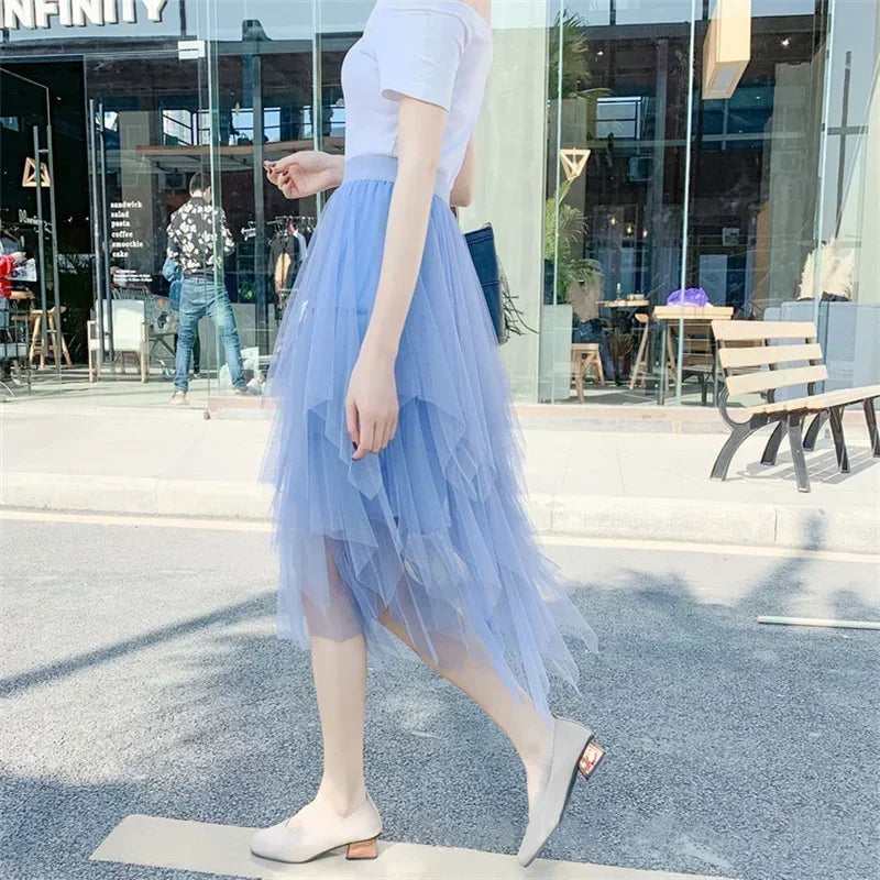 High-Waist Tulle Midi Skirt – Layered Mesh Tutu Skirt for Women