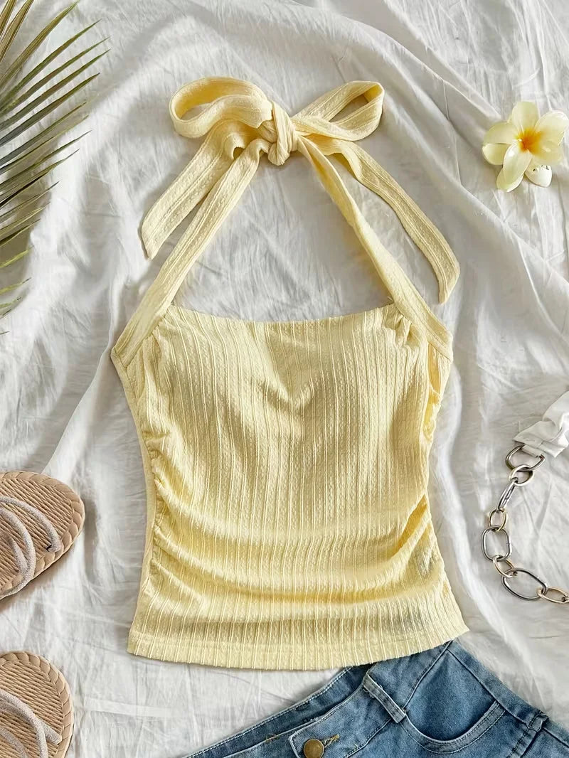 Tie-Back Halter Crop Top – Knitted Open-Back Summer Top for Women