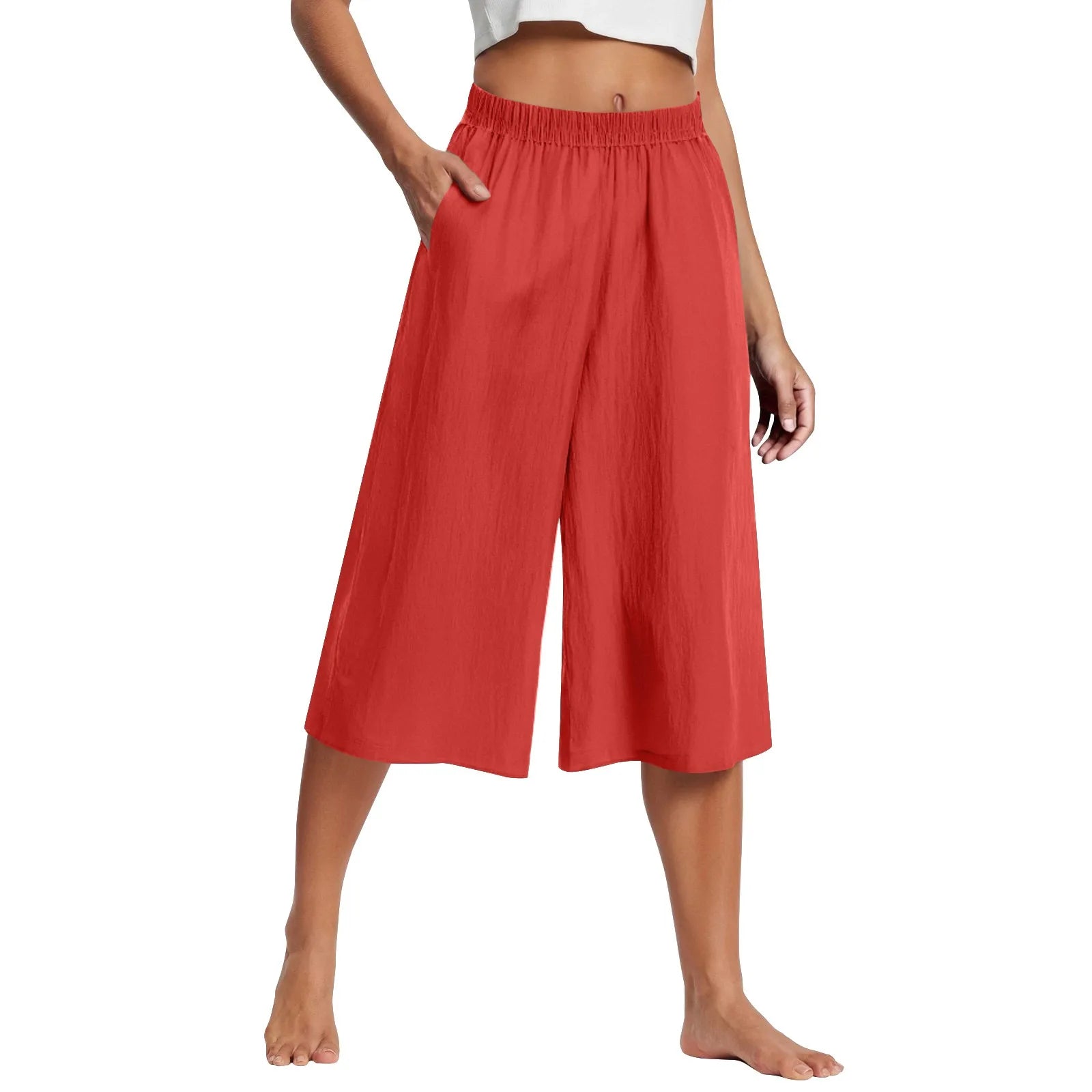 Women’s Wide Leg Cropped Pants – High Waist Lightweight Culottes with Pockets