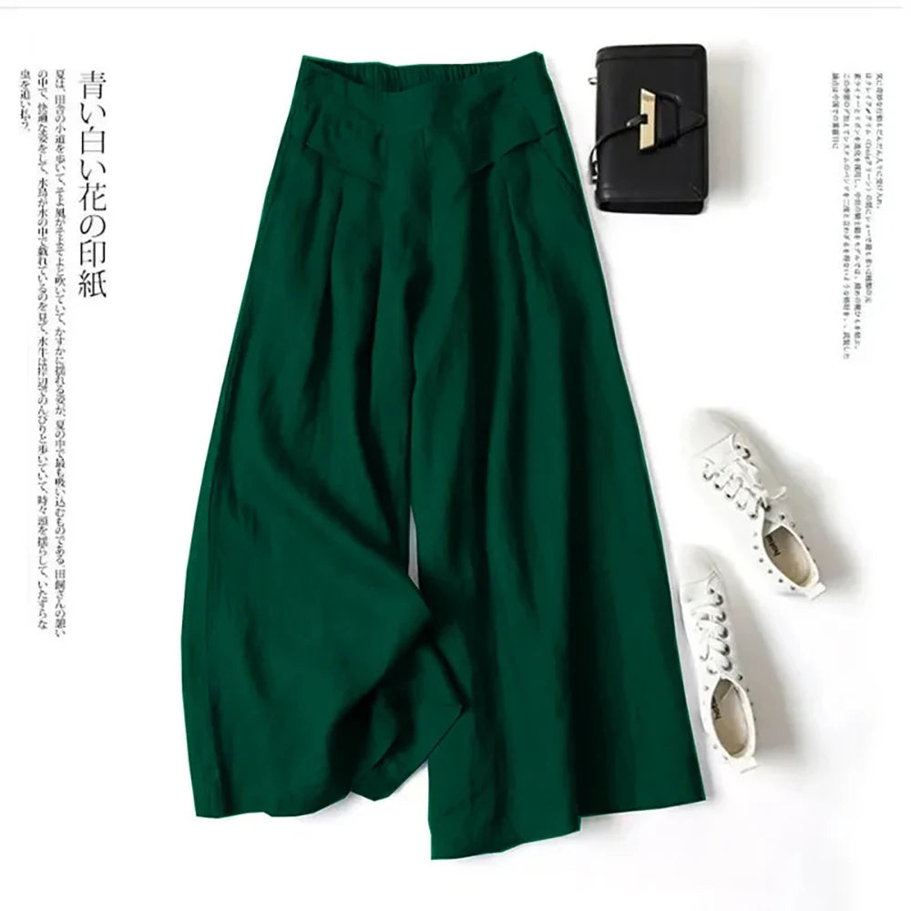 Women’s Cotton Linen Culottes – High Waist Wide-Leg Cropped Pants with Elastic Waist & Pockets