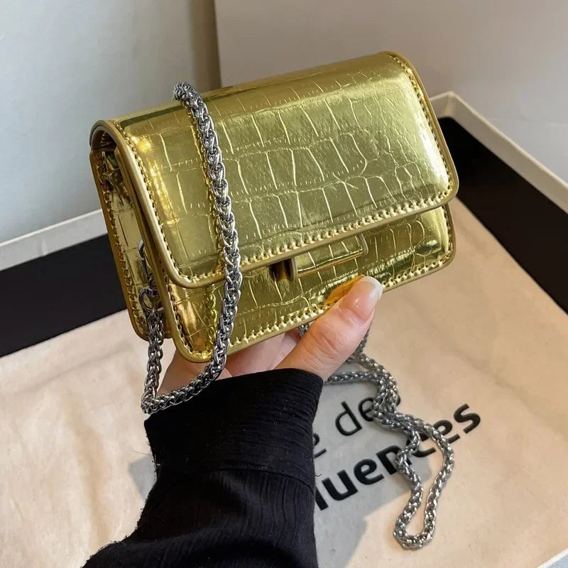 Women’s Mini Chain Shoulder Bag – Croc Pattern Square Crossbody Purse