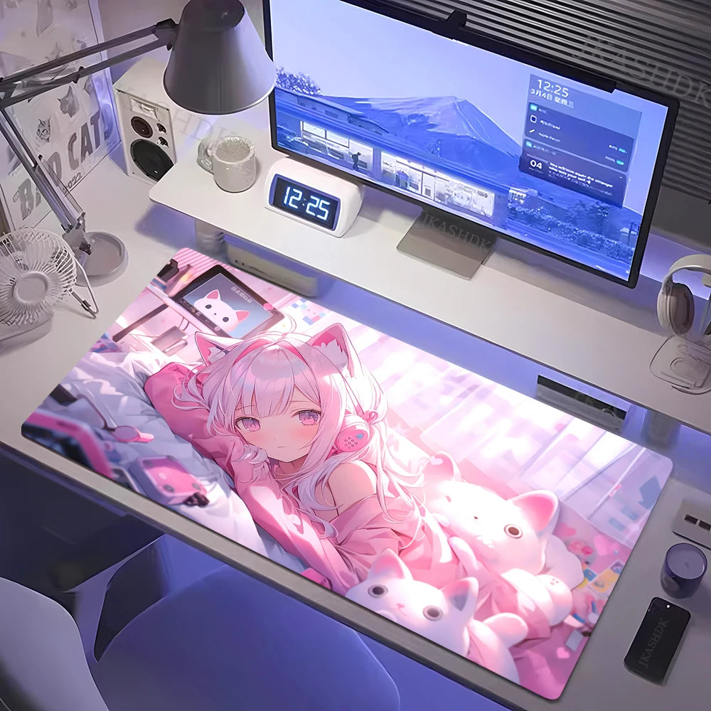 Kawaii Anime Girl XXL Mousepad – Pink Gaming Desk Mat for Keyboard & Mouse