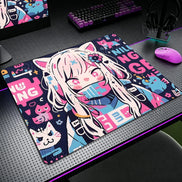 Graffiti Anime Cat Girl Mousepad – XL Gaming Desk Mat with Anti-Slip Base & Stitched Edges