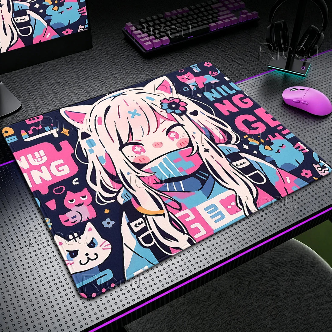 Graffiti Anime Cat Girl Mousepad – XL Gaming Desk Mat with Anti-Slip Base & Stitched Edges