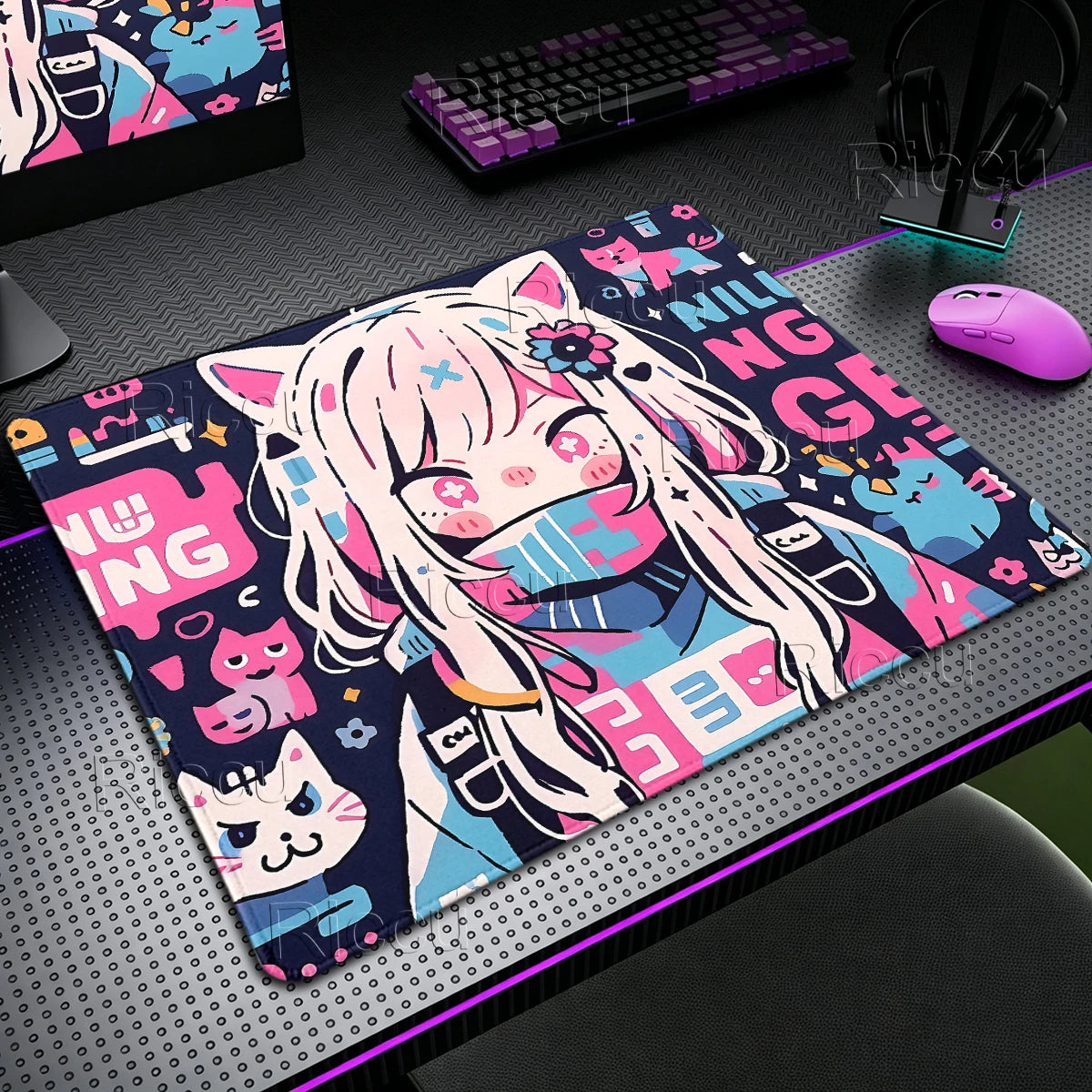 Graffiti Anime Cat Girl Mousepad – XL Gaming Desk Mat with Anti-Slip Base & Stitched Edges