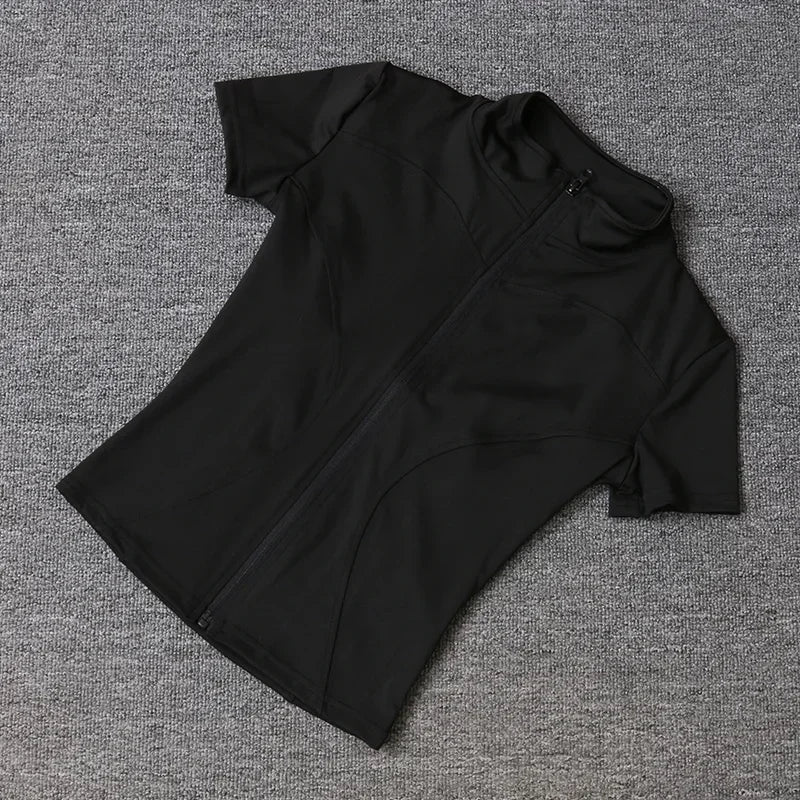 Women’s Zip-Up Workout Top – Slim Fit Quick-Dry Training Shirt with Short Sleeves