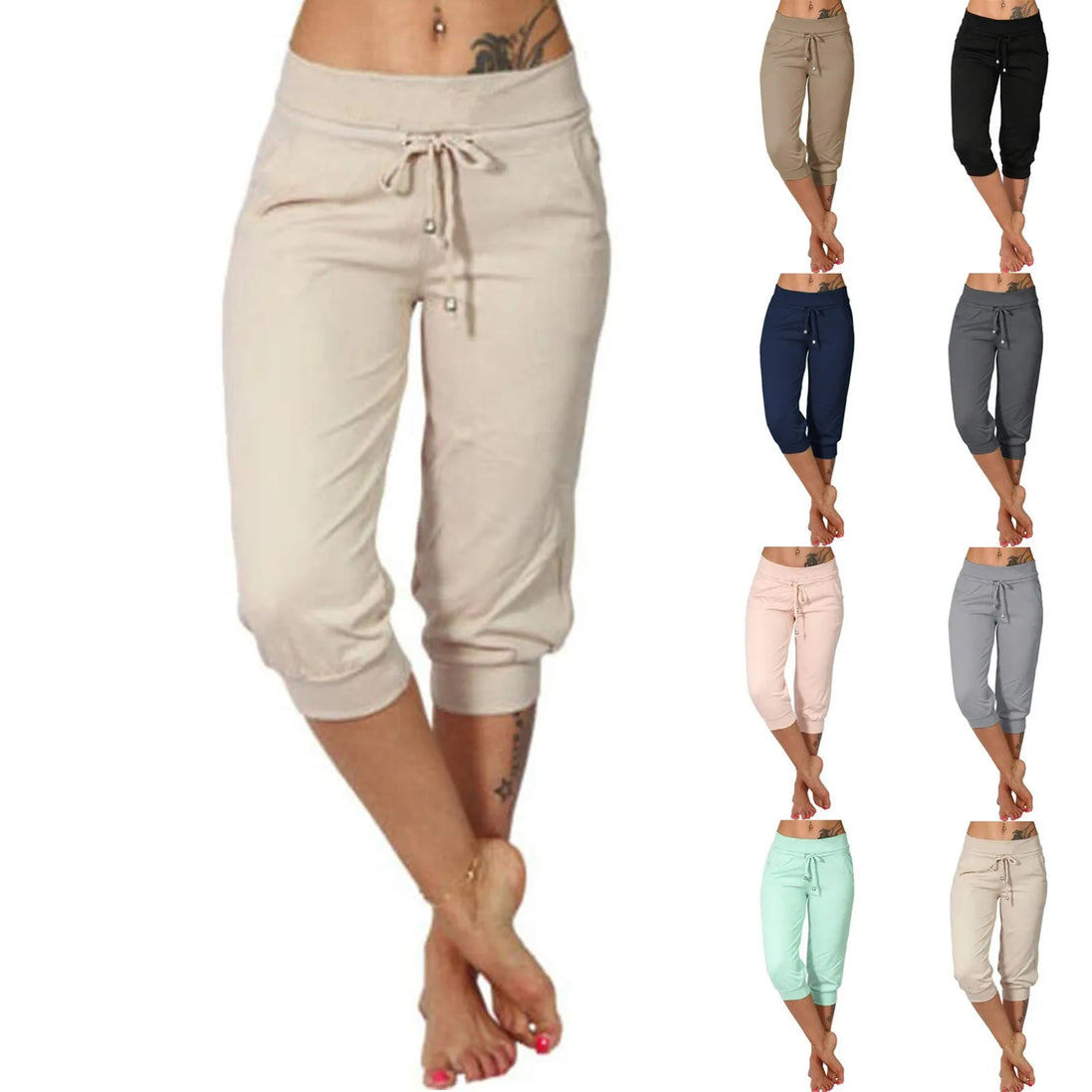 Women’s Summer Capri Pants – High Waist Cotton Blend Joggers with Pockets