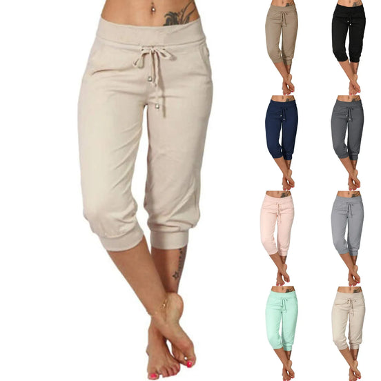 Women’s Summer Capri Pants – High Waist Cotton Blend Joggers with Pockets