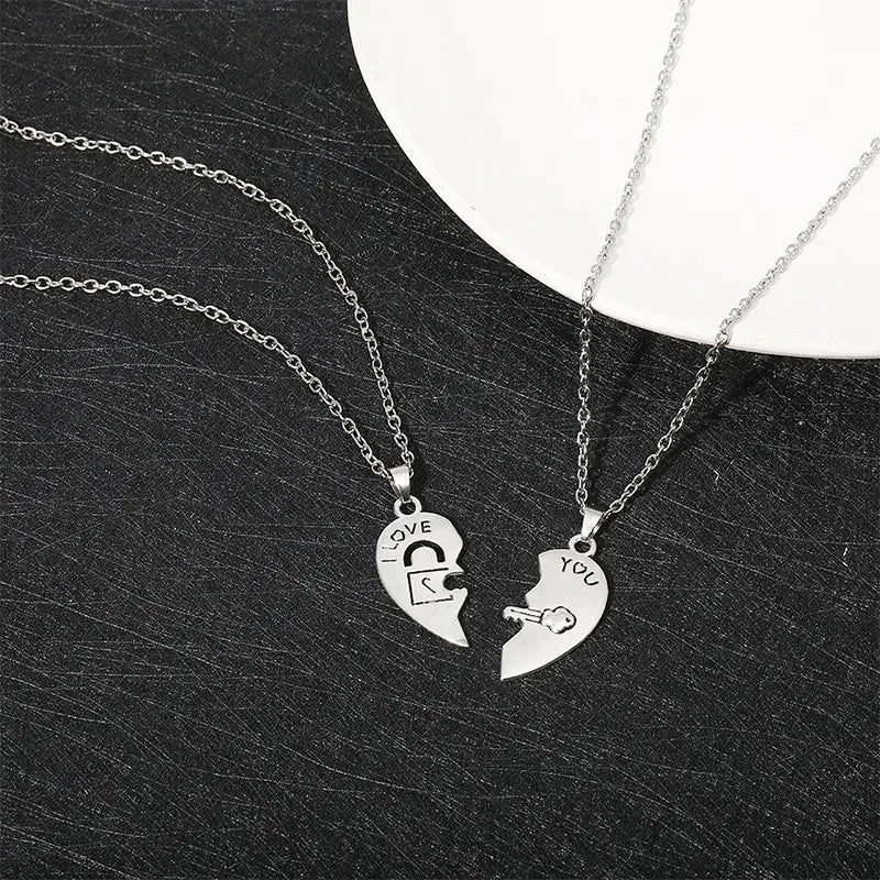 Couple Heart Lock & Key Necklace Set – 2-Piece Matching Pendant for Lovers