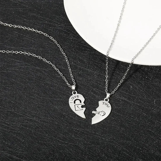 Couple Heart Lock & Key Necklace Set – 2-Piece Matching Pendant for Lovers