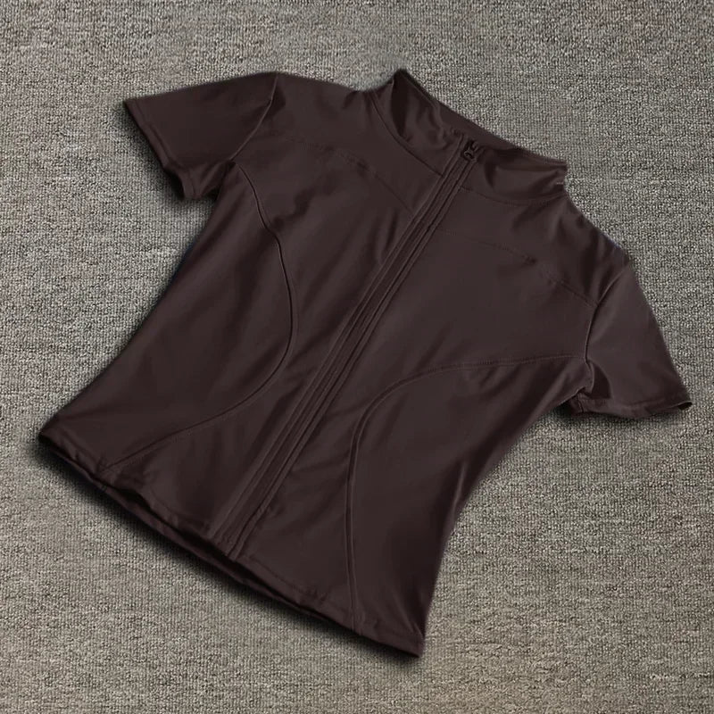 Women’s Zip-Up Workout Top – Slim Fit Quick-Dry Training Shirt with Short Sleeves