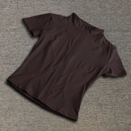 Women’s Zip-Up Workout Top – Slim Fit Quick-Dry Training Shirt with Short Sleeves