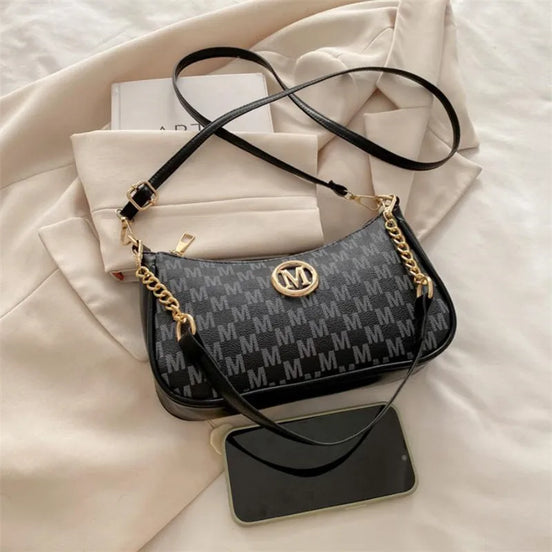 Women’s Vintage Shoulder Bag – PU Leather Crossbody Handbag with Gold “M” Detail
