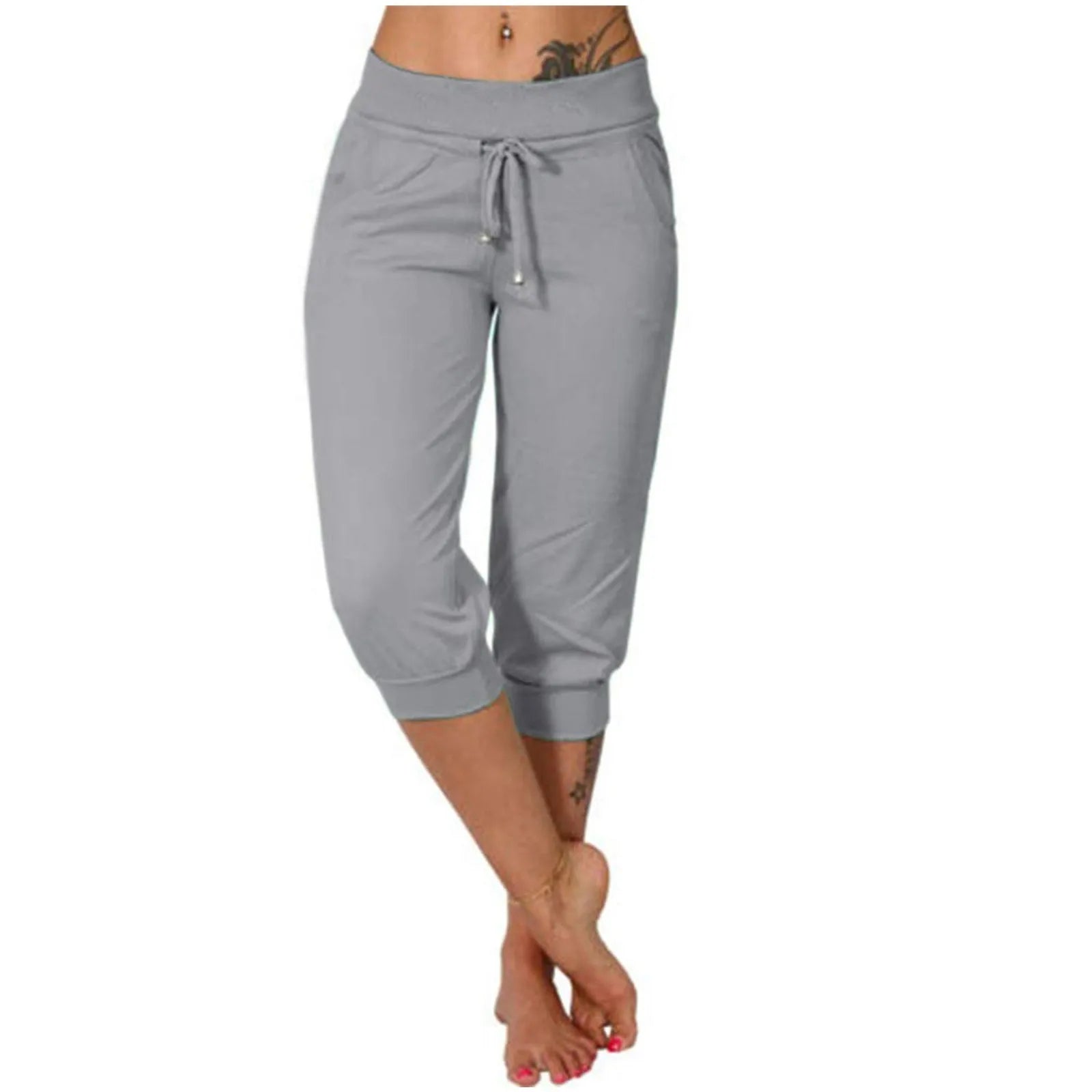 Women’s Summer Capri Pants – High Waist Cotton Blend Joggers with Pockets